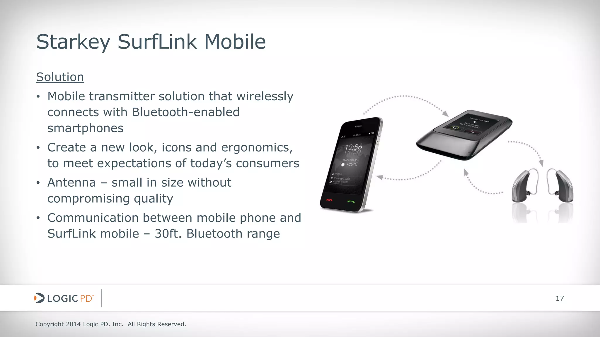 Copyright 2014 Logic PD, Inc. All Rights Reserved. 
17 
Starkey SurfLink Mobile 
Solution 
• 
Mobile transmitter solution that wirelessly connects with Bluetooth-enabled smartphones 
• 
Create a new look, icons and ergonomics, to meet expectations of today’s consumers 
• 
Antenna – small in size without compromising quality 
• 
Communication between mobile phone and SurfLink mobile – 30ft. Bluetooth range  