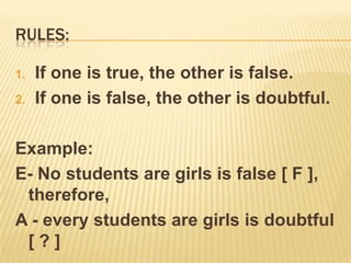CONTRADICTORIES2 pairs: 1] A – O: Every S is P, therefore, some S is not P.    O – A: Some S is not P, therefore, every S is P.2]E – I:  No S is P, therefore, some S is P.    I– E:  Some S is P, therefore, no S is P.