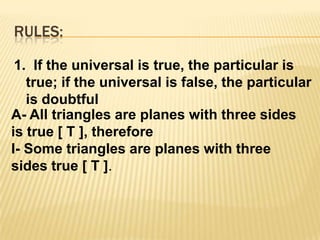 subcontrary1 pairI – O: Some S is P, therefore some S is not P.  orO – I: Some S is not P, therefore some S is P.EXAMPLE:I - Some students are girls, therefore O - some students are not girls.