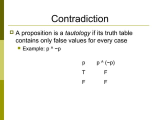 Contradiction
 A proposition is a tautology if its truth table
contains only false values for every case
 Example: p ^ ~p
p p ^ (~p)
T F
F F
 
