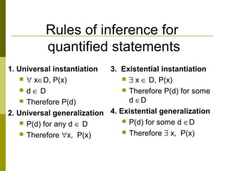 Rules of inference for
quantified statements
1. Universal instantiation
 ∀ x∈D, P(x)
 d ∈ D
 Therefore P(d)
2. Universal generalization
 P(d) for any d ∈ D
 Therefore ∀x, P(x)
3. Existential instantiation
 ∃ x ∈ D, P(x)
 Therefore P(d) for some
d ∈D
4. Existential generalization
 P(d) for some d ∈D
 Therefore ∃ x, P(x)
 