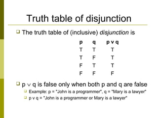 Truth table of disjunction
 The truth table of (inclusive) disjunction is
 p ∨ q is false only when both p and q are false
 Example: p = "John is a programmer", q = "Mary is a lawyer"
 p v q = "John is a programmer or Mary is a lawyer"
p q p v q
T T T
T F T
F T T
F F F
 