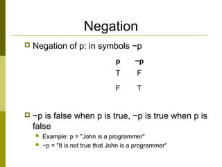 Negation
 Negation of p: in symbols ~p
 ~p is false when p is true, ~p is true when p is
false
 Example: p = "John is a programmer"
 ~p = "It is not true that John is a programmer"
p ~p
T F
F T
 