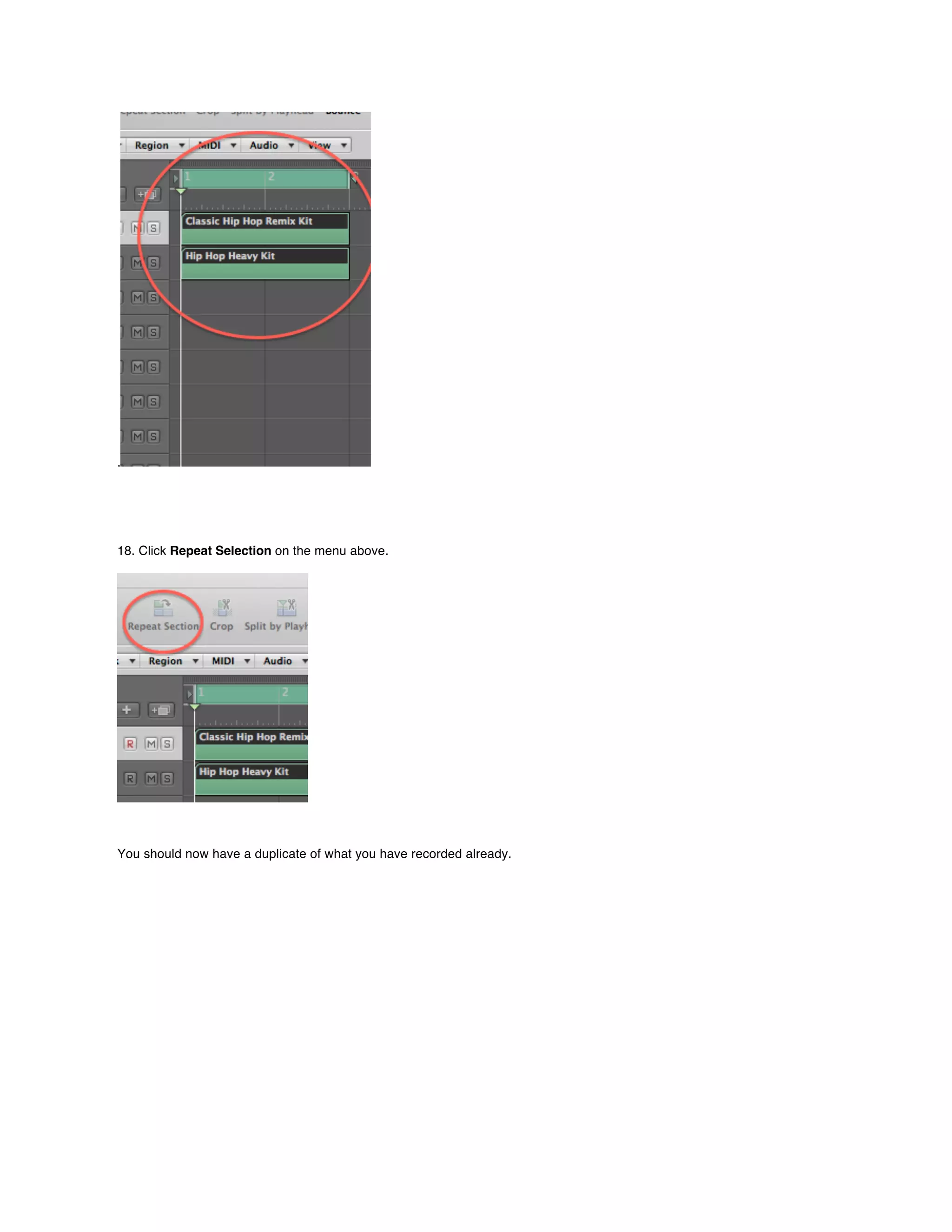 .




18. Click Repeat Selection on the menu above.




You should now have a duplicate of what you have recorded already.
 