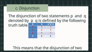 • Vowels in the
alphabet
• Beautiful songs
• Prime numbers
less than 20
• Tall students
• Even numbers
between 1 and
c. Disjunction
The disjunction of two statements p and q
denoted by p q is defined by the following
truth table.
This means that the disjunction of two
p q p q
⋁
T T T
T F T
F T T
F F F
 