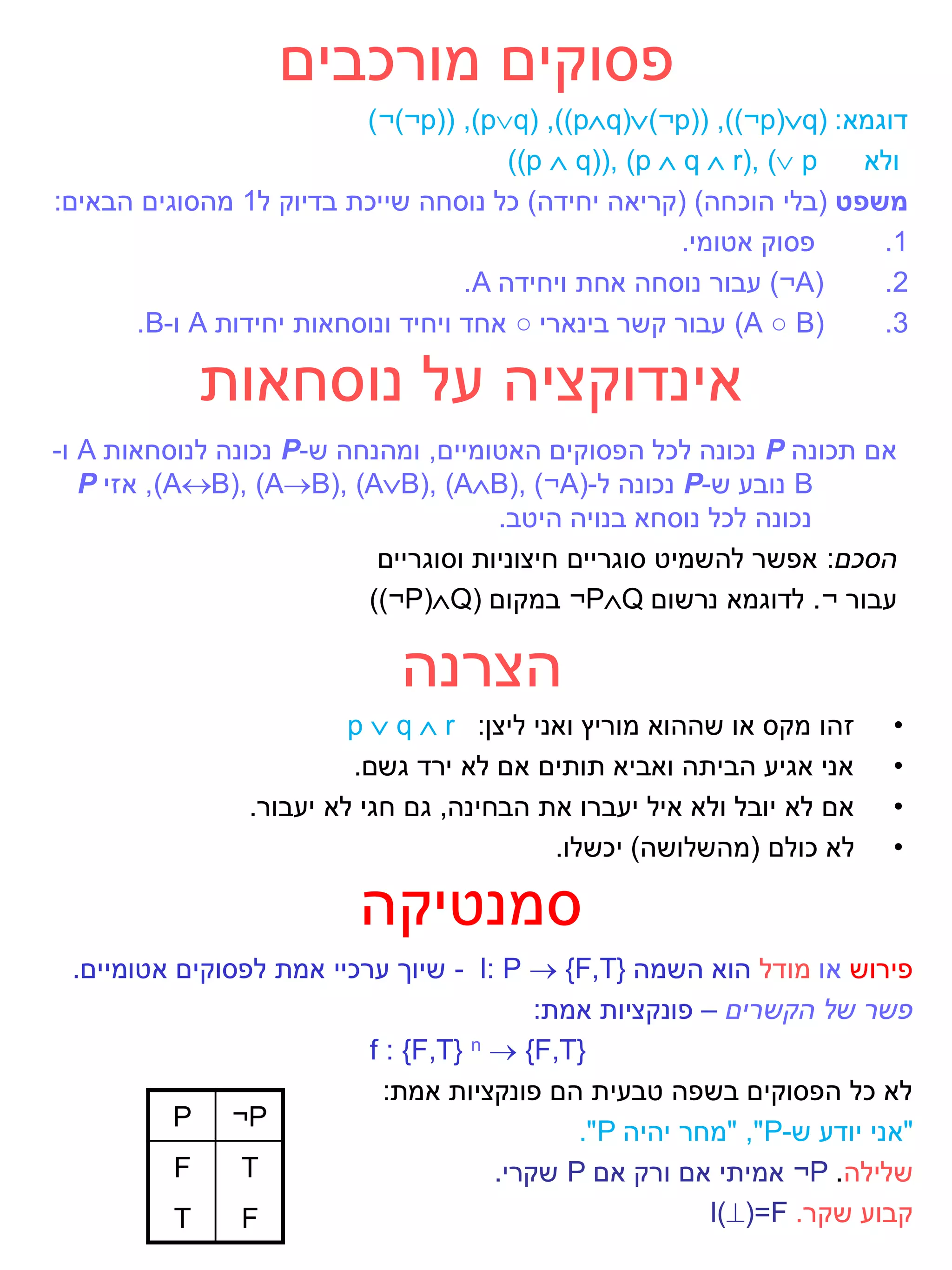 ‫פסוקים מורכבים‬
                         ‫דוגמא: )‪)¬)¬p(( ,(pq) ,((pq))¬p(( ,))¬p(q‬‬
                                       ‫‪((p  q)), (p  q  r), ( p‬‬ ‫ולא‬
‫משפט (בלי הוכחה) (קריאה יחידה) כל נוסחה שייכת בדיוק ל1 מהסוגים הבאים:‬
                                                       ‫פסוק אטומי.‬   ‫1.‬
                                   ‫)‪ )¬A‬עבור נוסחה אחת ויחידה ‪.A‬‬     ‫2.‬
      ‫)‪ (A ○ B‬עבור קשר בינארי ○ אחד ויחיד ונוסחאות יחידות ‪ A‬ו-‪.B‬‬     ‫3.‬

            ‫אינדוקציה על נוסחאות‬
‫אם תכונה ‪ P‬נכונה לכל הפסוקים האטומיים, ומהנחה ש-‪ P‬נכונה לנוסחאות ‪ A‬ו-‬
   ‫‪ B‬נובע ש-‪ P‬נכונה ל-(‪ ,(AB), (AB), (AB), (AB), )¬A‬אזי ‪P‬‬
                                      ‫נכונה לכל נוסחא בנויה היטב.‬
                           ‫הסכם: אפשר להשמיט סוגריים חיצוניות וסוגריים‬
                          ‫עבור ¬. לדוגמא נרשום ‪ ¬PQ‬במקום )‪))¬P(Q‬‬

                             ‫הצרנה‬
                         ‫זהו מקס או שההוא מוריץ ואני ליצן: ‪p  q  r‬‬    ‫•‬
                         ‫אני אגיע הביתה ואביא תותים אם לא ירד גשם.‬      ‫•‬
                ‫אם לא יובל ולא איל יעברו את הבחינה, גם חגי לא יעבור.‬    ‫•‬
                                           ‫לא כולם (מהשלושה) יכשלו.‬     ‫•‬

                         ‫סמנטיקה‬
 ‫פירוש או מודל הוא השמה }‪ - l: P  {F,T‬שיוך ערכיי אמת לפסוקים אטומיים.‬
                                          ‫פשר של הקשרים – פונקציות אמת:‬
                          ‫}‪f : {F,T} n  {F,T‬‬
                            ‫לא כל הפסוקים בשפה טבעית הם פונקציות אמת:‬
          ‫‪P ¬P‬‬
                                             ‫"אני יודע ש-‪" ,"P‬מחר יהיה ‪."P‬‬
          ‫‪F‬‬    ‫‪T‬‬                      ‫שלילה. ‪ ¬P‬אמיתי אם ורק אם ‪ P‬שקרי.‬
          ‫‪T‬‬    ‫‪F‬‬                                         ‫קבוע שקר. ‪l()=F‬‬
 