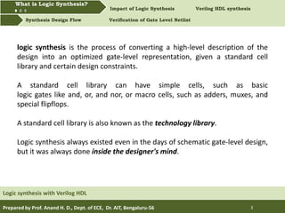 What is Logic synthesis? Impact of Logic Synthesis Verilog HDL synthesis
Synthesis Design Flow Verification of Gate Level Netlist
What is Logic Synthesis?
Prepared by Prof. Anand H. D., Dept. of ECE, Dr. AIT, Bengaluru-56 3
Logic synthesis with Verilog HDL
logic synthesis is the process of converting a high-level description of the
design into an optimized gate-level representation, given a standard cell
library and certain design constraints.
A standard cell library can have simple cells, such as basic
logic gates like and, or, and nor, or macro cells, such as adders, muxes, and
special flipflops.
A standard cell library is also known as the technology library.
Logic synthesis always existed even in the days of schematic gate-level design,
but it was always done inside the designer's mind.
 