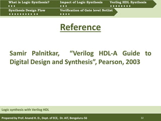 Prepared by Prof. Anand H. D., Dept. of ECE, Dr. AIT, Bengaluru-56 32
Reference
Samir Palnitkar, “Verilog HDL-A Guide to
Digital Design and Synthesis”, Pearson, 2003
Logic synthesis with Verilog HDL
Multiprocessing and Multitasking
What is Logic synthesis? Impact of Logic Synthesis Verilog HDL synthesis
Synthesis Design Flow Verification of Gate Level Netlist
Synthesis Design Flow Verification of Gate level Netlist
What is Logic Synthesis? Impact of Logic Synthesis Verilog HDL Synthesis
 