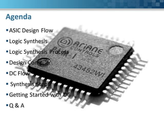 Agenda
ASIC Design Flow
Logic Synthesis
Logic Synthesis Process
Design Compiler
DC Flow
 Synthesis Steps
Getting Started with DC
Q & A
 