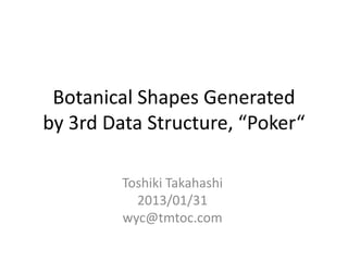 Botanical Shapes Generated
by 3rd Data Structure, “Poker“
Toshiki Takahashi
2013/01/31
wyc@tmtoc.com

 