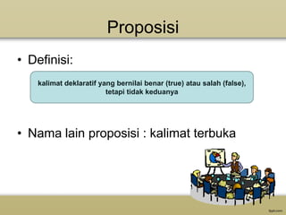 Proposisi
• Definisi:
kalimat deklaratif yang bernilai benar (true) atau salah (false),
tetapi tidak keduanya

• Nama lain proposisi : kalimat terbuka

 