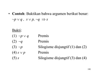 • Contoh: Buktikan bahwa argumen berikut benar:
~p  q , s  p, ~q  s
Bukti:
(1) ~p  q Premis
(2) ~q Premis
(3) ~p Silogisme disjungtif (1) dan (2)
(4) s  p Premis
(5) s Silogisme disjungtif (3) dan (4)
100
 