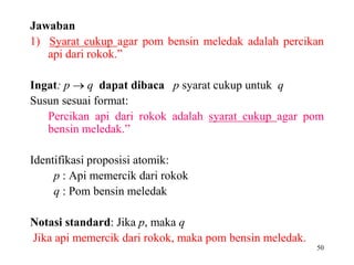 50
Jawaban
1) Syarat cukup agar pom bensin meledak adalah percikan
api dari rokok.”
Ingat: p  q dapat dibaca p syarat cukup untuk q
Susun sesuai format:
Percikan api dari rokok adalah syarat cukup agar pom
bensin meledak.”
Identifikasi proposisi atomik:
p : Api memercik dari rokok
q : Pom bensin meledak
Notasi standard: Jika p, maka q
Jika api memercik dari rokok, maka pom bensin meledak.
 