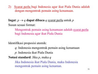 51
2) Syarat perlu bagi Indonesia agar ikut Piala Dunia adalah
dengan mengontrak pemain asing kenamaan.
Ingat: p  q dapat dibaca q syarat perlu untuk p
Susun sesuai format:
Mengontrak pemain asing kenamaan adalah syarat perlu
bagi Indonesia agar ikut Piala Dunia
Identifikasi proposisi atomik:
q: Indonesia mengontrak pemain asing kenamaan
p: Indonesia ikut Piala Dunia
Notasi standard: Jika p, maka q
Jika Indonesia ikut Piala Dunia, maka Indonesia
mengontrak pemain asing kenaman.
 