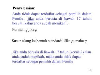 53
Anda tidak dapat terdaftar sebagai pemilih dalam
Pemilu jika anda berusia di bawah 17 tahun
kecuali kalau anda sudah menikah”.
Format: q jika p
Susun ulang ke bentuk standard: Jika p, maka q
Jika anda berusia di bawah 17 tahun, kecuali kalau
anda sudah menikah, maka anda tidak dapat
terdaftar sebagai pemilih dalam Pemilu
Penyelesaian:
 