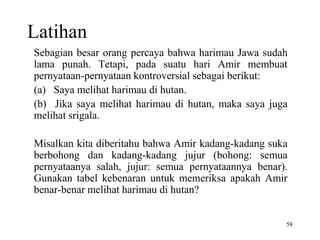 58
Latihan
Sebagian besar orang percaya bahwa harimau Jawa sudah
lama punah. Tetapi, pada suatu hari Amir membuat
pernyataan-pernyataan kontroversial sebagai berikut:
(a) Saya melihat harimau di hutan.
(b) Jika saya melihat harimau di hutan, maka saya juga
melihat srigala.
Misalkan kita diberitahu bahwa Amir kadang-kadang suka
berbohong dan kadang-kadang jujur (bohong: semua
pernyataanya salah, jujur: semua pernyataannya benar).
Gunakan tabel kebenaran untuk memeriksa apakah Amir
benar-benar melihat harimau di hutan?
 