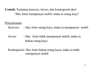 71
Contoh. Tentukan konvers, invers, dan kontraposisi dari:
“Jika Amir mempunyai mobil, maka ia orang kaya”
Penyelesaian:
Konvers : Jika Amir orang kaya, maka ia mempunyai mobil
Invers : Jika Amir tidak mempunyai mobil, maka ia
bukan orang kaya
Kontraposisi: Jika Amir bukan orang kaya, maka ia tidak
mempunyai mobil
 