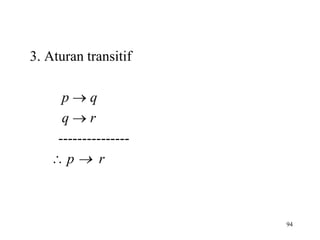 3. Aturan transitif
p  q
q  r
---------------
 p  r
94
 