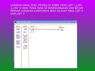 LANGKAH AWAL PADA PRIMES,DI AMBIL PADA LIST 1,LIST 2,LIST 3 YANG TIDAK BISA DI SEDERHANAKAN DAN BELUM PERNAH GUNAKAN CONTOHNYA BISA DILIHAT PADA LIST 2 DAN LIST 3 
