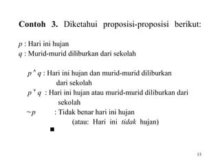 13
Contoh 3. Diketahui proposisi-proposisi berikut:
p : Hari ini hujan
q : Murid-murid diliburkan dari sekolah
p  q : Hari ini hujan dan murid-murid diliburkan
dari sekolah
p  q : Hari ini hujan atau murid-murid diliburkan dari
sekolah
p : Tidak benar hari ini hujan
(atau: Hari ini tidak hujan)

 