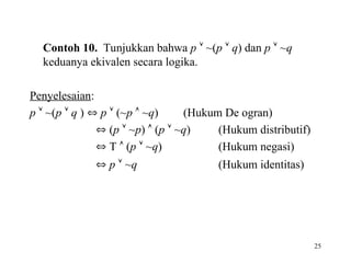 25
Contoh 10. Tunjukkan bahwa p  ~(p  q) dan p  ~q
keduanya ekivalen secara logika.
Penyelesaian:
p  ~(p  q )  p  (~p  ~q) (Hukum De ogran)
 (p  ~p)  (p  ~q) (Hukum distributif)
 T  (p  ~q) (Hukum negasi)
 p  ~q (Hukum identitas)
 