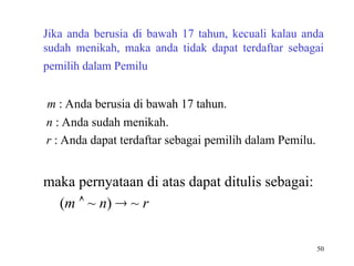 50
Jika anda berusia di bawah 17 tahun, kecuali kalau anda
sudah menikah, maka anda tidak dapat terdaftar sebagai
pemilih dalam Pemilu
m : Anda berusia di bawah 17 tahun.
n : Anda sudah menikah.
r : Anda dapat terdaftar sebagai pemilih dalam Pemilu.
maka pernyataan di atas dapat ditulis sebagai:
(m  ~ n)  ~ r
 