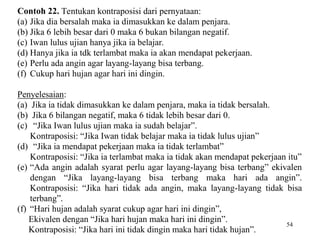 54
Contoh 22. Tentukan kontraposisi dari pernyataan:
(a) Jika dia bersalah maka ia dimasukkan ke dalam penjara.
(b) Jika 6 lebih besar dari 0 maka 6 bukan bilangan negatif.
(c) Iwan lulus ujian hanya jika ia belajar.
(d) Hanya jika ia tdk terlambat maka ia akan mendapat pekerjaan.
(e) Perlu ada angin agar layang-layang bisa terbang.
(f) Cukup hari hujan agar hari ini dingin.
Penyelesaian:
(a) Jika ia tidak dimasukkan ke dalam penjara, maka ia tidak bersalah.
(b) Jika 6 bilangan negatif, maka 6 tidak lebih besar dari 0.
(c) “Jika Iwan lulus ujian maka ia sudah belajar”.
Kontraposisi: “Jika Iwan tidak belajar maka ia tidak lulus ujian”
(d) “Jika ia mendapat pekerjaan maka ia tidak terlambat”
Kontraposisi: “Jika ia terlambat maka ia tidak akan mendapat pekerjaan itu”
(e) “Ada angin adalah syarat perlu agar layang-layang bisa terbang” ekivalen
dengan “Jika layang-layang bisa terbang maka hari ada angin”.
Kontraposisi: “Jika hari tidak ada angin, maka layang-layang tidak bisa
terbang”.
(f) “Hari hujan adalah syarat cukup agar hari ini dingin”,
Ekivalen dengan “Jika hari hujan maka hari ini dingin”.
Kontraposisi: “Jika hari ini tidak dingin maka hari tidak hujan”.
 