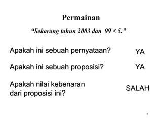 6
“Sekarang tahun 2003 dan 99 < 5.”
Apakah ini sebuah pernyataan?
Apakah ini sebuah pernyataan? YA
YA
Apakah ini sebuah proposisi?
Apakah ini sebuah proposisi? YA
YA
Apakah nilai kebenaran
Apakah nilai kebenaran
dari proposisi ini?
dari proposisi ini?
SALAH
SALAH
Permainan
 