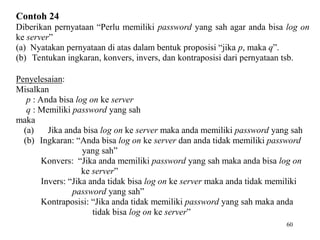 60
Contoh 24
Diberikan pernyataan “Perlu memiliki password yang sah agar anda bisa log on
ke server”
(a) Nyatakan pernyataan di atas dalam bentuk proposisi “jika p, maka q”.
(b) Tentukan ingkaran, konvers, invers, dan kontraposisi dari pernyataan tsb.
Penyelesaian:
Misalkan
p : Anda bisa log on ke server
q : Memiliki password yang sah
maka
(a) Jika anda bisa log on ke server maka anda memiliki password yang sah
(b) Ingkaran: “Anda bisa log on ke server dan anda tidak memiliki password
yang sah”
Konvers: “Jika anda memiliki password yang sah maka anda bisa log on
ke server”
Invers: “Jika anda tidak bisa log on ke server maka anda tidak memiliki
password yang sah”
Kontraposisi: “Jika anda tidak memiliki password yang sah maka anda
tidak bisa log on ke server”
 