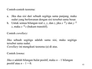 83
Contoh-contoh teorema:
a. Jika dua sisi dari sebuah segitiga sama panjang, maka
sudut yang berlawanan dengan sisi tersebut sama besar.
b. Untuk semua bilangan real x, y, dan z, jika x y dan y 
z, maka x z (hukum transitif).
Contoh corollary:
Jika sebuah segitiga adalah sama sisi, maka segitiga
tersebut sama sudut.
Corollary ini mengikuti teorema (a) di atas.
Contoh lemma:
Jika n adalah bilangan bulat positif, maka n – 1 bilangan
positif atau n – 1 = 0.
 