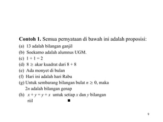 9
Contoh 1. Semua pernyataan di bawah ini adalah proposisi:
(a) 13 adalah bilangan ganjil
(b) Soekarno adalah alumnus UGM.
(c) 1 + 1 = 2
(d) 8  akar kuadrat dari 8 + 8
(e) Ada monyet di bulan
(f) Hari ini adalah hari Rabu
(g) Untuk sembarang bilangan bulat n  0, maka
2n adalah bilangan genap
(h) x + y = y + x untuk setiap x dan y bilangan
riil 
 