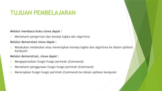 TUJUAN PEMBELAJARAN
Melalui membaca buku siswa dapat :
1. Memahami pengertian dan konsep logika dan algoritma
Melalui demonstasi siswa dapat :
2. Melakukan melakukan atau menerapkan konsep logika dan algoritma ke dalam aplikasi
komputer
Melalui demonstrasi, siswa dapat :
3. Mengoperasikan fungsi-fungsi perintah (Command)
4. Memahami penggunaan fungsi-fungsi perintah (Command)
5. Menerapkan fungsi-fungsi perintah (Command) ke dalam aplikasi komputer
 
