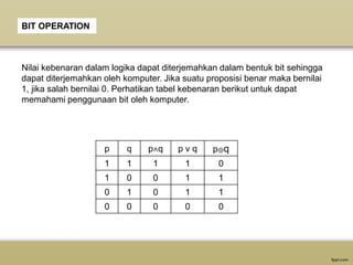 p q p˄q p v q p⊕q
1 1 1 1 0
1 0 0 1 1
0 1 0 1 1
0 0 0 0 0
BIT OPERATION
Nilai kebenaran dalam logika dapat diterjemahkan dalam bentuk bit sehingga
dapat diterjemahkan oleh komputer. Jika suatu proposisi benar maka bernilai
1, jika salah bernilai 0. Perhatikan tabel kebenaran berikut untuk dapat
memahami penggunaan bit oleh komputer.
 