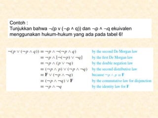 Contoh :
Tunjukkan bahwa ¬(p v (¬p ˄ q)) dan ¬p ˄ ¬q ekuivalen
menggunakan hukum-hukum yang ada pada tabel 6!
 