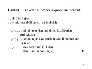 18
Contoh 3. Diketahui proposisi-proposisi berikut:
p : Hari ini hujan
q : Murid-murid diliburkan dari sekolah
p ∧ q : Hari ini hujan dan murid-murid diliburkan
dari sekolah
p ∨ q : Hari ini hujan atau murid-murid diliburkan dari
sekolah
∼p : Tidak benar hari ini hujan
(atau: Hari ini tidak hujan) 
 
