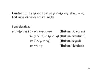 30
• Contoh 10. Tunjukkan bahwa p ∨ ~(p ∨ q) dan p ∨ ~q
keduanya ekivalen secara logika.
Penyelesaian:
p ∨ ~(p ∨ q ) ⇔ p ∨ (~p ∧ ~q) (Hukum De ogran)
⇔ (p ∨ ~p) ∧ (p ∨ ~q) (Hukum distributif)
⇔ T ∧ (p ∨ ~q) (Hukum negasi)
⇔ p ∨ ~q (Hukum identitas)
 