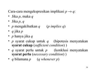 38
Cara-cara mengekspresikan implikasi p → q:
• Jika p, maka q
• Jika p, q
• p mengakibatkan q (p implies q)
• q jika p
• p hanya jika q
• p syarat cukup untuk q (hipotesis menyatakan
syarat cukup (sufficient condition) )
• q syarat perlu untuk p (konklusi menyatakan
syarat perlu (necessary condition) )
• q bilamana p (q whenever p)
 