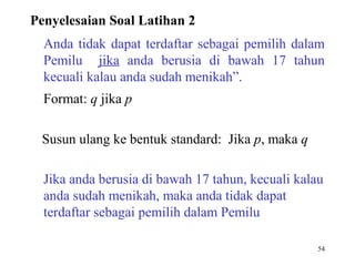 54
Anda tidak dapat terdaftar sebagai pemilih dalam
Pemilu jika anda berusia di bawah 17 tahun
kecuali kalau anda sudah menikah”.
Format: q jika p
Susun ulang ke bentuk standard: Jika p, maka q
Jika anda berusia di bawah 17 tahun, kecuali kalau
anda sudah menikah, maka anda tidak dapat
terdaftar sebagai pemilih dalam Pemilu
Penyelesaian Soal Latihan 2
 