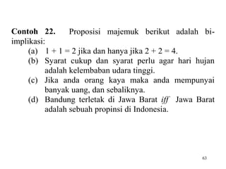 63
Contoh 22. Proposisi majemuk berikut adalah bi-
implikasi:
(a) 1 + 1 = 2 jika dan hanya jika 2 + 2 = 4.
(b) Syarat cukup dan syarat perlu agar hari hujan
adalah kelembaban udara tinggi.
(c) Jika anda orang kaya maka anda mempunyai
banyak uang, dan sebaliknya.
(d) Bandung terletak di Jawa Barat iff Jawa Barat
adalah sebuah propinsi di Indonesia.
 