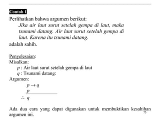 75
Contoh 1
Perlihatkan bahwa argumen berikut:
Jika air laut surut setelah gempa di laut, maka
tsunami datang. Air laut surut setelah gempa di
laut. Karena itu tsunami datang.
adalah sahih.
Penyelesaian:
Misalkan:
p : Air laut surut setelah gempa di laut
q : Tsunami datang:
Argumen:
p → q
p
∴ q
Ada dua cara yang dapat digunakan untuk membuktikan kesahihan
argumen ini.
 