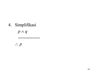 84
4. Simplifikasi
p ∧ q
---------------
∴ p
 