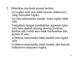89
2. Diberikan dua buah premis berikut:
(i) Logika sulit atau tidak banyak mahasiswa
yang menyukai logika.
(ii) Jika matematika mudah, maka logika tidak
sulit.
Tunjukkan dengan pembuktian argumen (atau
cara lain) apakah masing-masing konklusi
berikut sah (valid) atau tidak berdasarkan dua
premis di atas:
a) Bahwa matematika tidak mudah atau logika
sulit.
b) Bahwa matematika tidak mudah, jika banyak
mahasiswa menyukai logika.
 