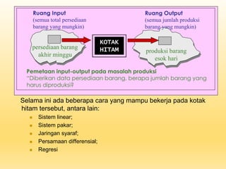 Selama ini ada beberapa cara yang mampu bekerja pada kotak
hitam tersebut, antara lain:
◼ Sistem linear;
◼ Sistem pakar;
◼ Jaringan syaraf;
◼ Persamaan differensial;
◼ Regresi
KOTAK
HITAM
persediaan barang
akhir minggu
Ruang Input
(semua total persediaan
barang yang mungkin)
produksi barang
esok hari
Ruang Output
(semua jumlah produksi
barang yang mungkin)
Pemetaan input-output pada masalah produksi
“Diberikan data persediaan barang, berapa jumlah barang yang
harus diproduksi?
 
