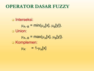 OPERATOR DASAR FUZZY
❑ Interseksi:
mAB = min(mA[x], mB[y]).
❑ Union:
mAB = max(mA[x], mB[y]).
❑ Komplemen:
mA’ = 1-mA[x]
 