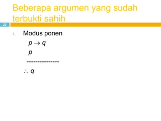 Beberapa argumen yang sudah
terbukti sahih22
1. Modus ponen
p q
p
---------------
q
 