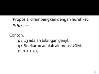Proposisi dilambangkan dengan huruf kecil
p, q, r, ….
Contoh:
p : 13 adalah bilangan ganjil.
q : Soekarno adalah alumnus UGM.
r : 2 + 2 = 4
11
 