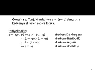 Contoh 10. Tunjukkan bahwa p ~(p q) dan p ~q
keduanya ekivalen secara logika.
Penyelesaian:
p ~(p q ) p (~p ~q) (Hukum De Morgan)
(p ~p) (p ~q) (Hukum distributif)
T (p ~q) (Hukum negasi)
p ~q (Hukum identitas)
23
 