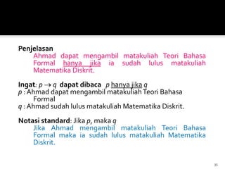Penjelasan
Ahmad dapat mengambil matakuliah Teori Bahasa
Formal hanya jika ia sudah lulus matakuliah
Matematika Diskrit.
Ingat: p q dapat dibaca p hanya jika q
p : Ahmad dapat mengambil matakuliahTeori Bahasa
Formal
q : Ahmad sudah lulus matakuliah Matematika Diskrit.
Notasi standard: Jika p, maka q
Jika Ahmad mengambil matakuliah Teori Bahasa
Formal maka ia sudah lulus matakuliah Matematika
Diskrit.
35
 