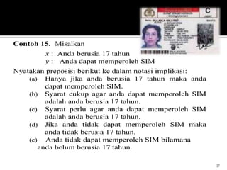 37
Contoh 15. Misalkan
x : Anda berusia 17 tahun
y : Anda dapat memperoleh SIM
Nyatakan preposisi berikut ke dalam notasi implikasi:
(a) Hanya jika anda berusia 17 tahun maka anda
dapat memperoleh SIM.
(b) Syarat cukup agar anda dapat memperoleh SIM
adalah anda berusia 17 tahun.
(c) Syarat perlu agar anda dapat memperoleh SIM
adalah anda berusia 17 tahun.
(d) Jika anda tidak dapat memperoleh SIM maka
anda tidak berusia 17 tahun.
(e) Anda tidak dapat memperoleh SIM bilamana
anda belum berusia 17 tahun.
 