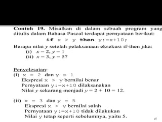 46
Contoh 19. Misalkan di dalam sebuah program yang
ditulis dalam Bahasa Pascal terdapat pernyataan berikut:
if x > y then y:=x+10;
Berapa nilai y setelah pelaksanaan eksekusi if-then jika:
(i) x = 2, y = 1
(ii) x = 3, y = 5?
Penyelesaian:
(i) x = 2 dan y = 1
Ekspresi x > y bernilai benar
Pernyataan y:=x+10 dilaksanakan
Nilai y sekarang menjadi y = 2 + 10 = 12.
(ii) x = 3 dan y = 5
Ekspresi x > y bernilai salah
Pernyataan y:=x+10 tidak dilakukan
Nilai y tetap seperti sebelumnya, yaitu 5.
 